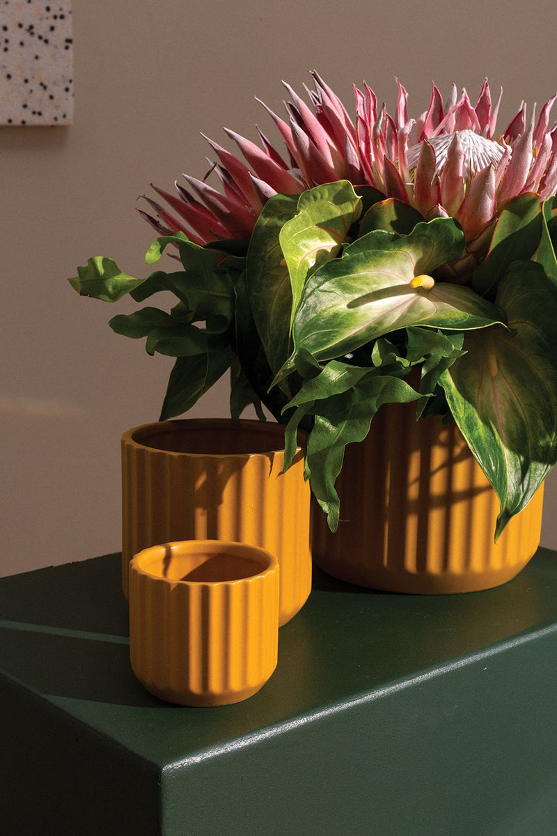 3" Yellow Ribbed Ceramic Pot 